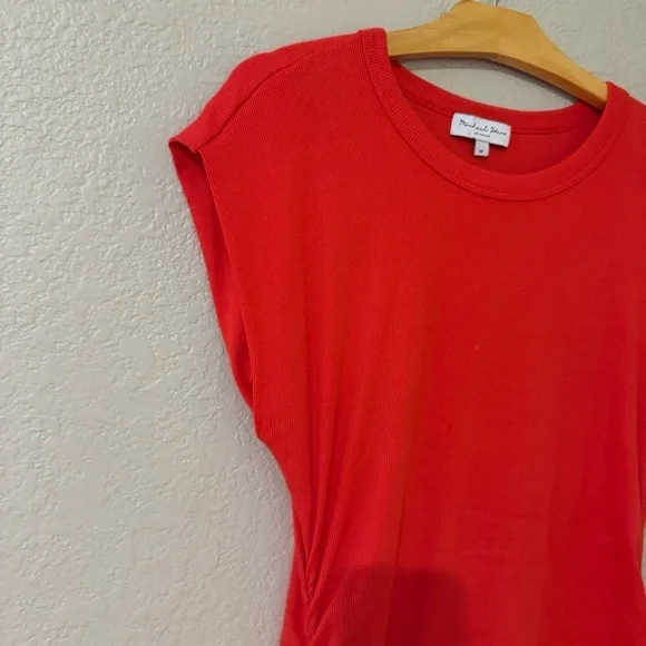 EUC Michael Stars Maude Power Shoulder Vibrant Coral Red Mini Dress - Picture 6 of 10